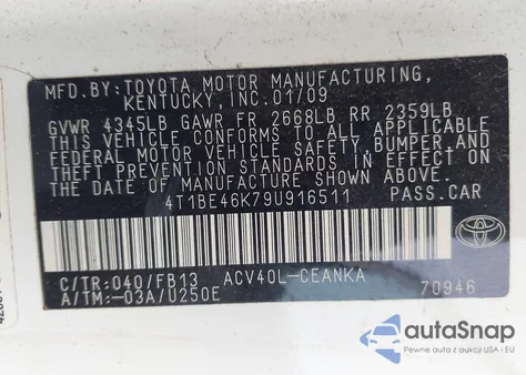 2009 Toyota Camry Le из США, поврежденный, VIN 4T1BE46K79U916511